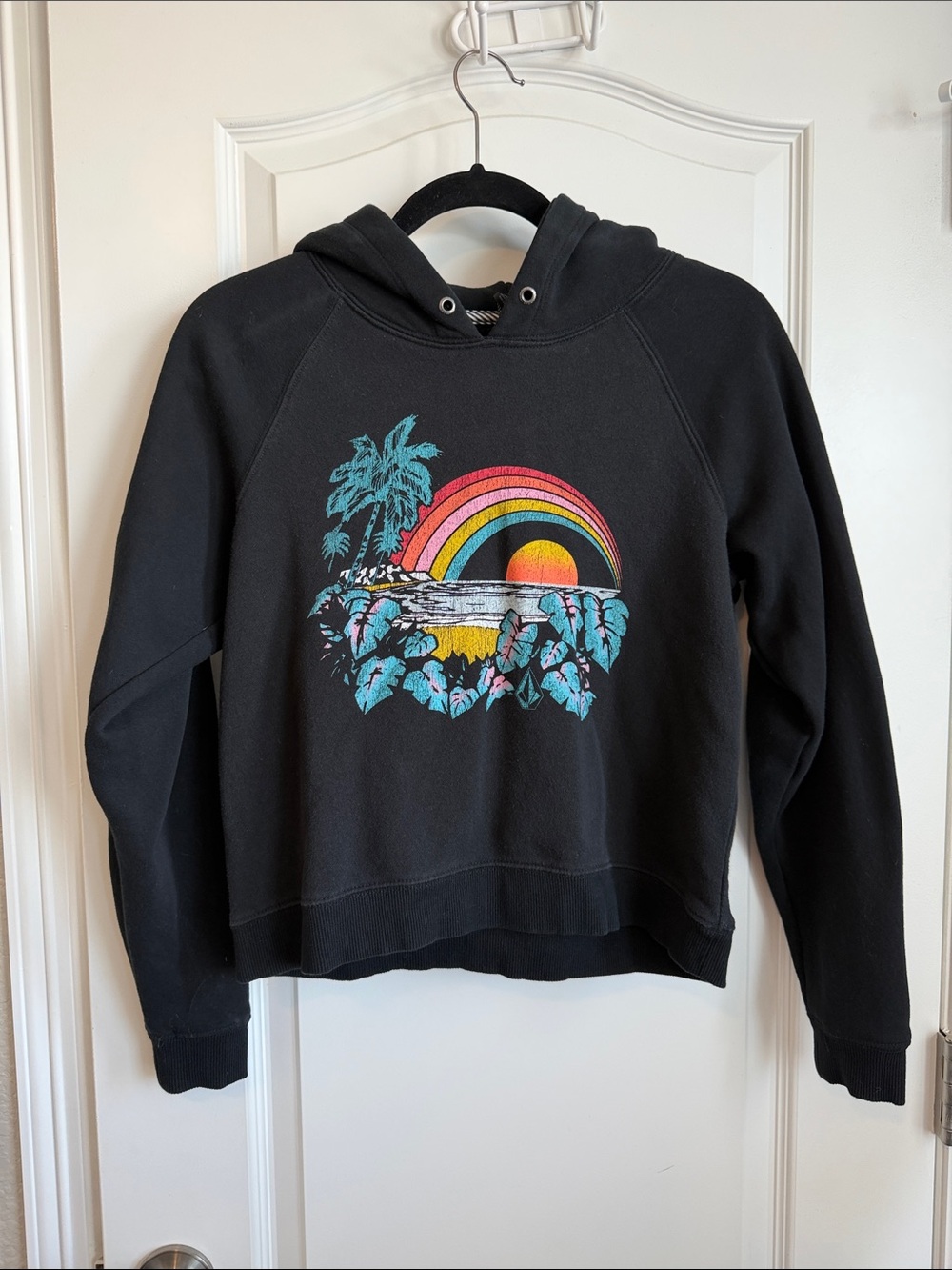 Volcom Black Hoodie with Colorful Sunset & Palm Graphic